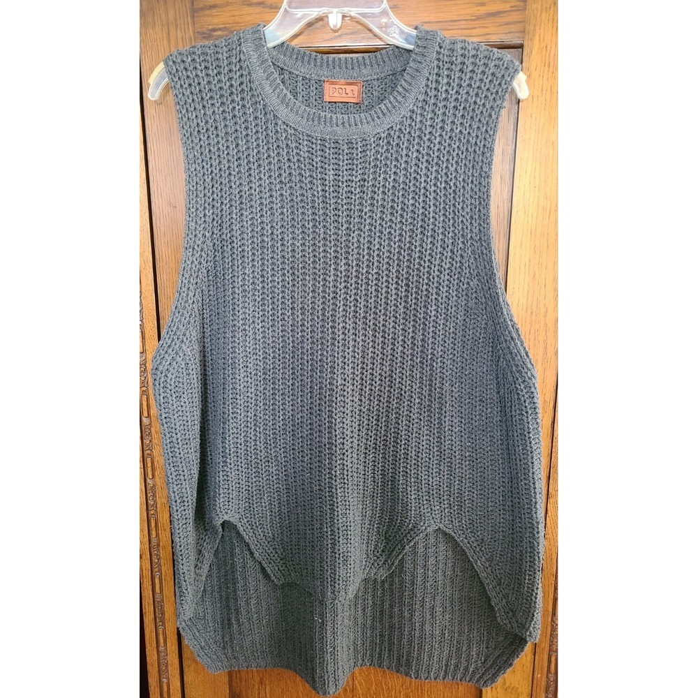 POL Chunky Knit Sweater Vest Gray Large Cotton Blend High Low Oversized Tunic‎